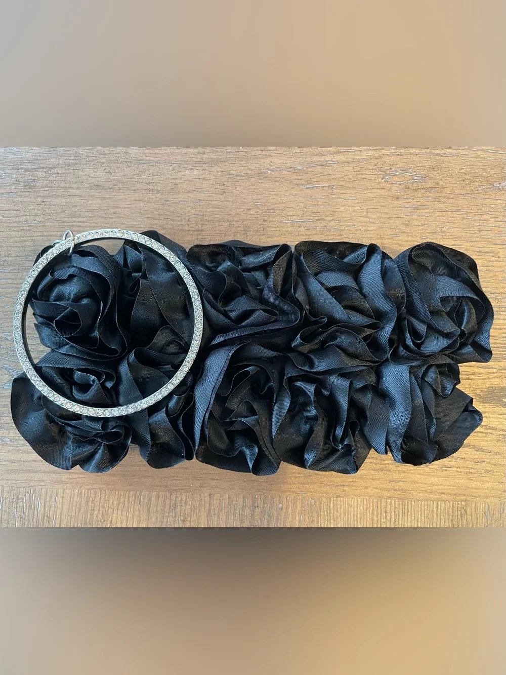 Lulu Townsend Black Rosette Clutch/Wrislet with Rhinestoned Handle/Bracelet